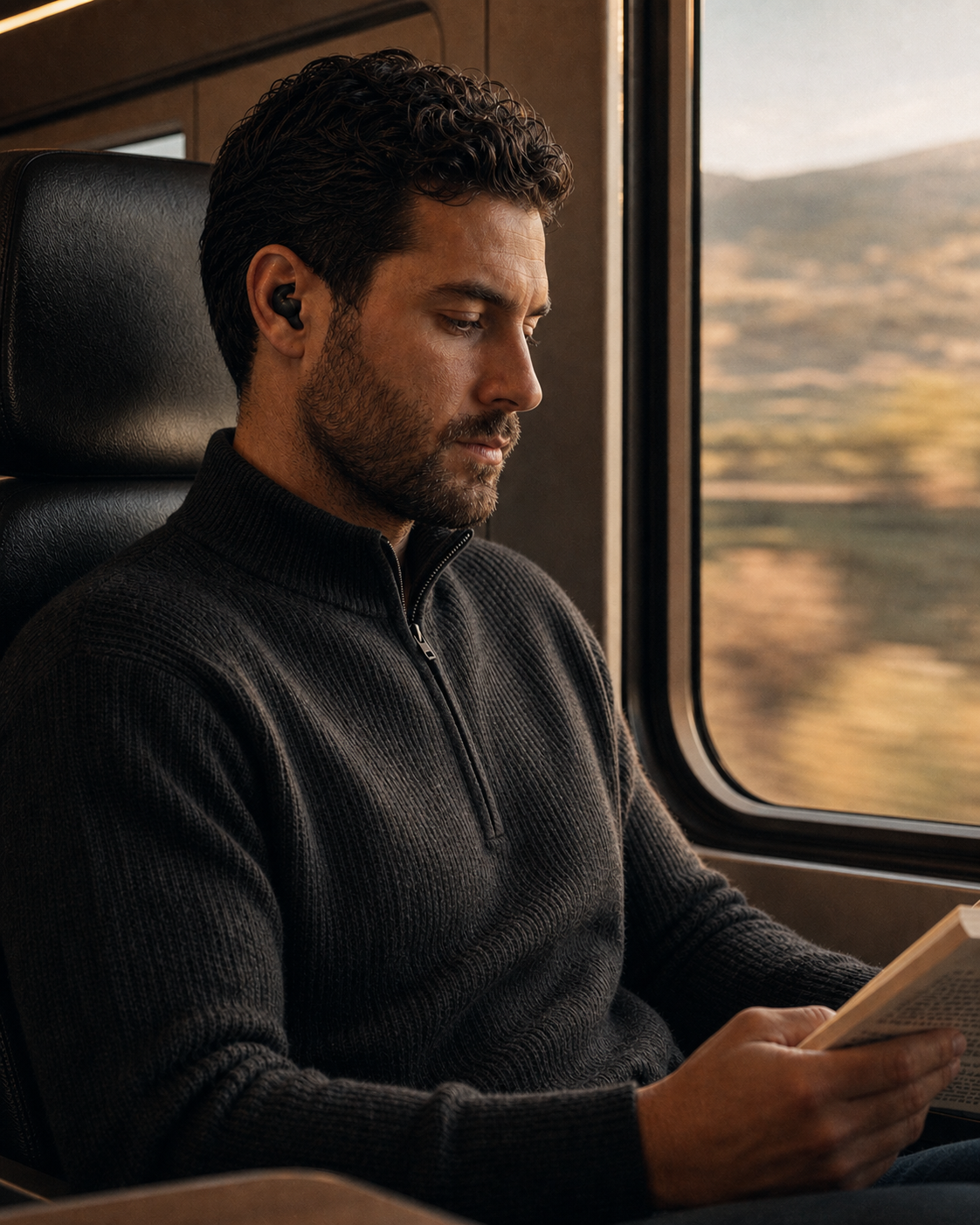 Man wearing QEVIQ Quiet on a train
