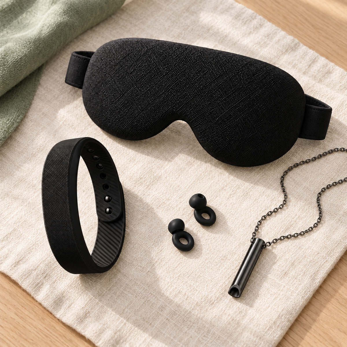 QEVIQ Rise wristband, Reset necklace, Quiet earplugs and Drift sleep mask on light linen.