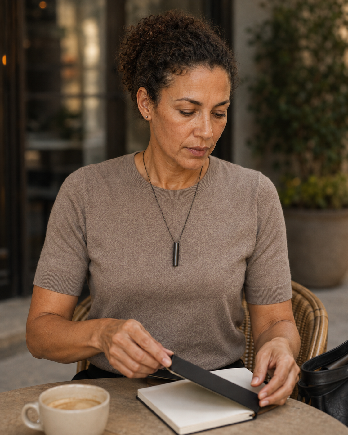 Illustrative everyday scene with one RESET breathing necklace