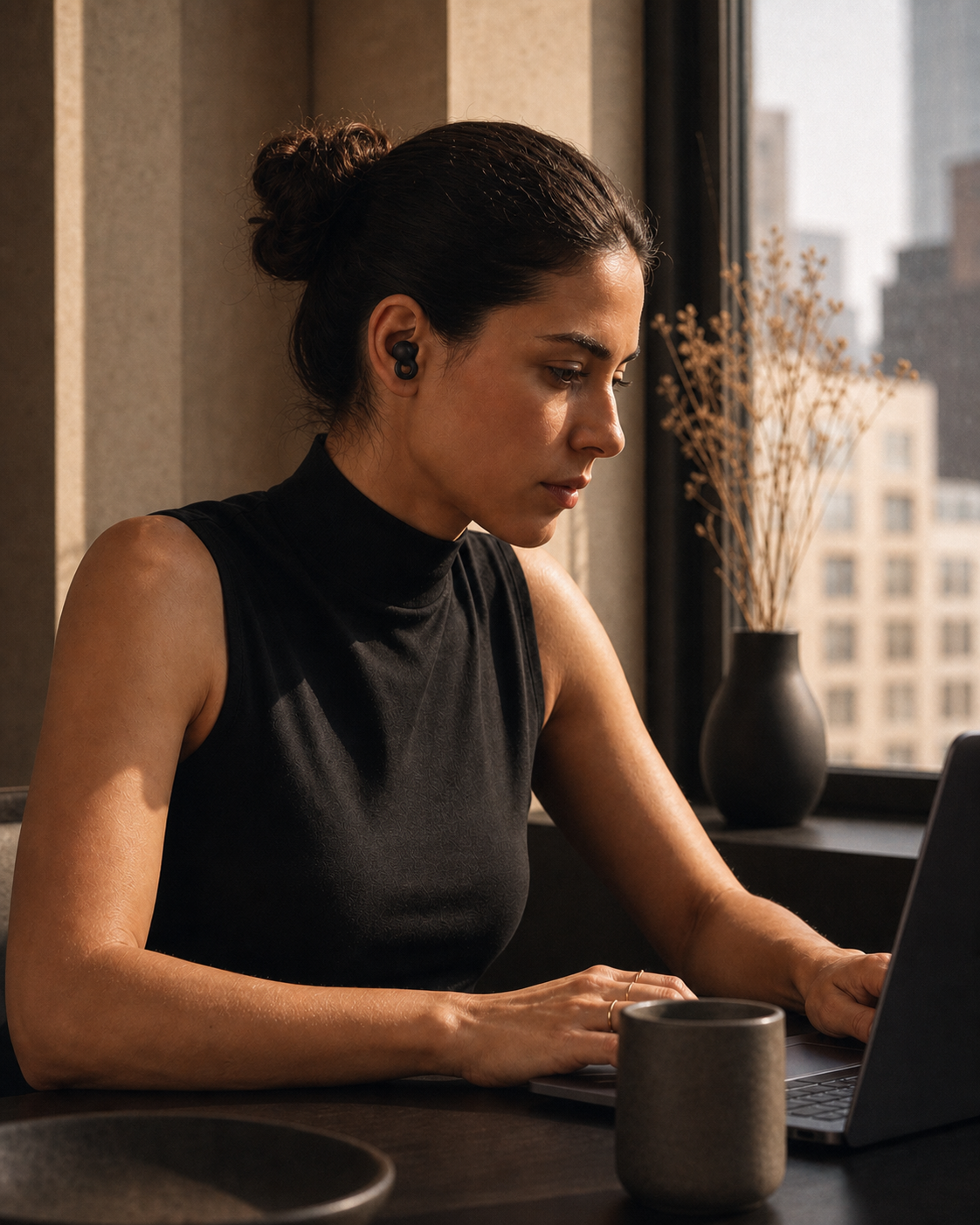 Woman wearing QEVIQ Quiet while working